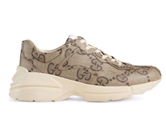 Shop Gucci Rhyton Lace-Up Sneakers for Women - Beige Monogram Pattern On Sale