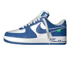 Alt Text: Men's Louis Vuitton and Nike Air Force 1 by Virgil Abloh - White Team Royal on Sale at Discount Prices.