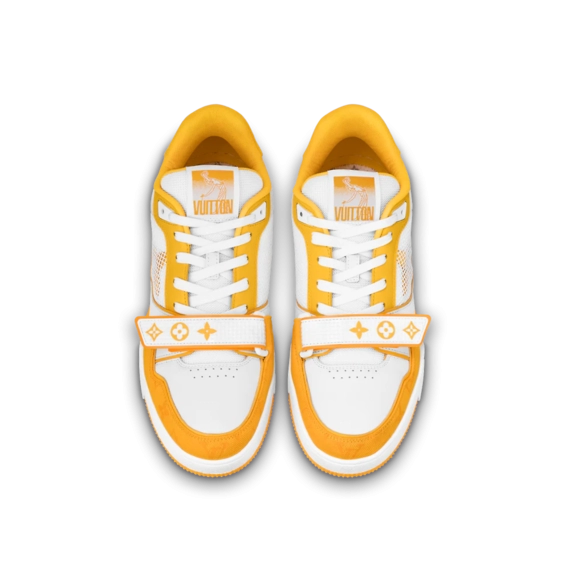 Look Sharp with the Men's Louis Vuitton Trainer Sneaker - Yellow Monogram Denim!