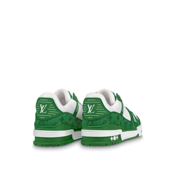 Men's Louis Vuitton Trainer Sneaker - Green with Monogram Denim and Grained Calf Leather