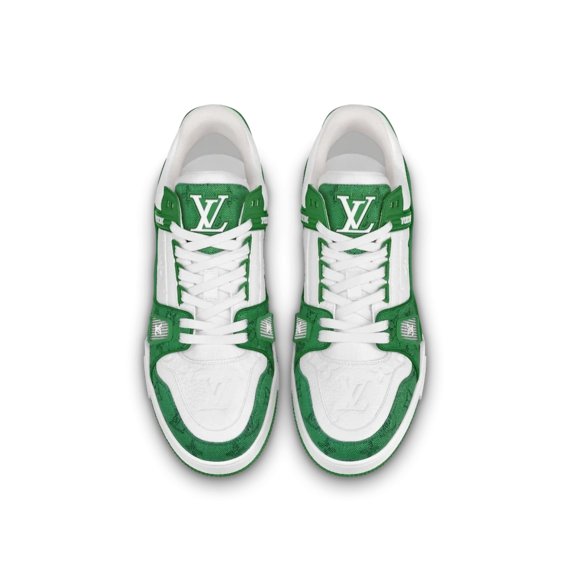 Men's Louis Vuitton Trainer Sneaker - Green with Monogram Denim and Monogram-Embossed Grained Calf Leather