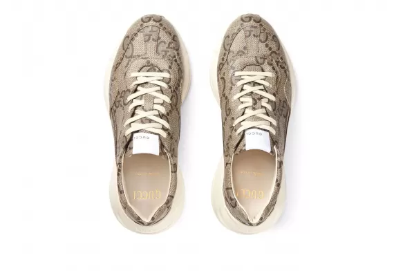 Women's Gucci Rhyton Lace-Up Sneakers - Beige Monogram Pattern Now Available