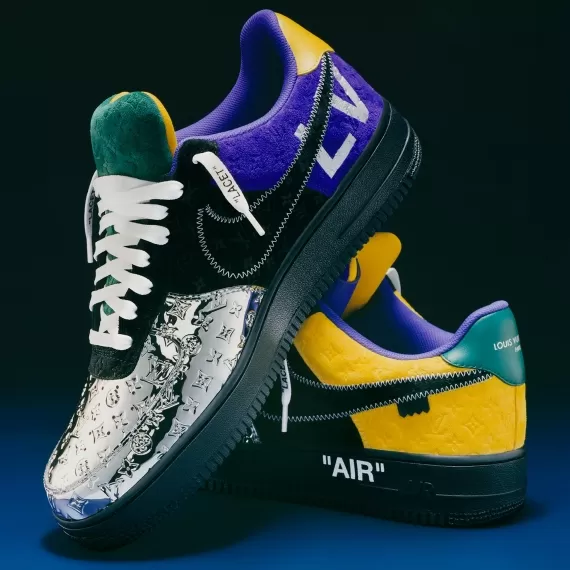 Shop the Louis Vuitton and Nike Air Force 1 by Virgil Abloh - Met Silver Black Dark Purple Dusk Topaz Gold, perfect for men's fashion.