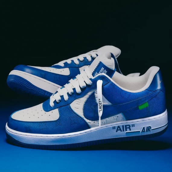 Alt Text: Men's Louis Vuitton and Nike Air Force 1 by Virgil Abloh - White Team Royal on Sale at Discount Prices.