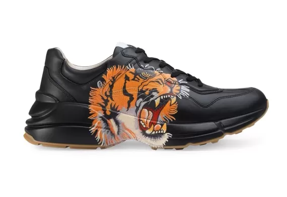 Shop Gucci Rhyton leather sneaker with tiger - Black for men now and get a discount!