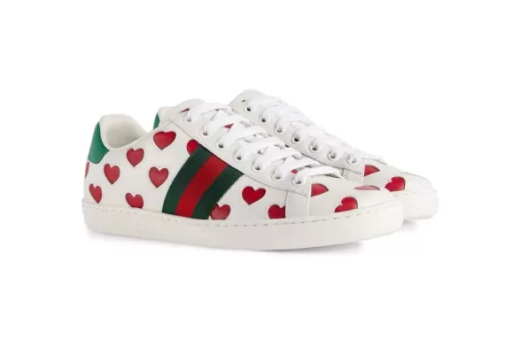 Gucci Ace Women's Lace-up Sneakers with Heart Print in White/Green/Red - Buy Now for a Discount!