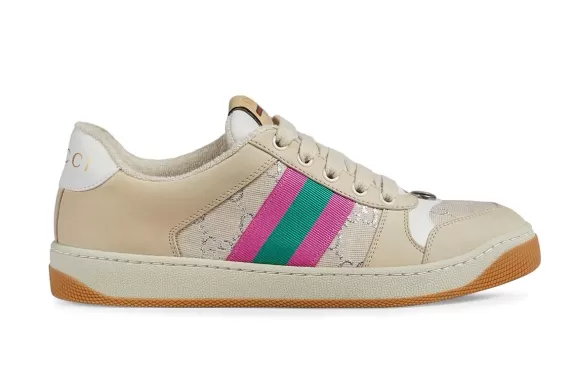 Shop Gucci Screener Women's Leather Sneakers in Pink, Green & Off-White