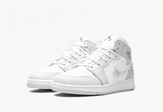Upgrade Your Style with the Air Jordan 1 Mid SE GS - Grey Camo Swoosh Women's Shoes