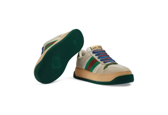 Gucci Screener Low-Top Leather Sneakers - Cream White/Dark Green/Dark Red