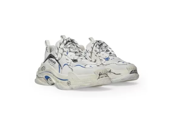 Balenciaga Triple S Sketch-Print Sneakers White/Black/Blue